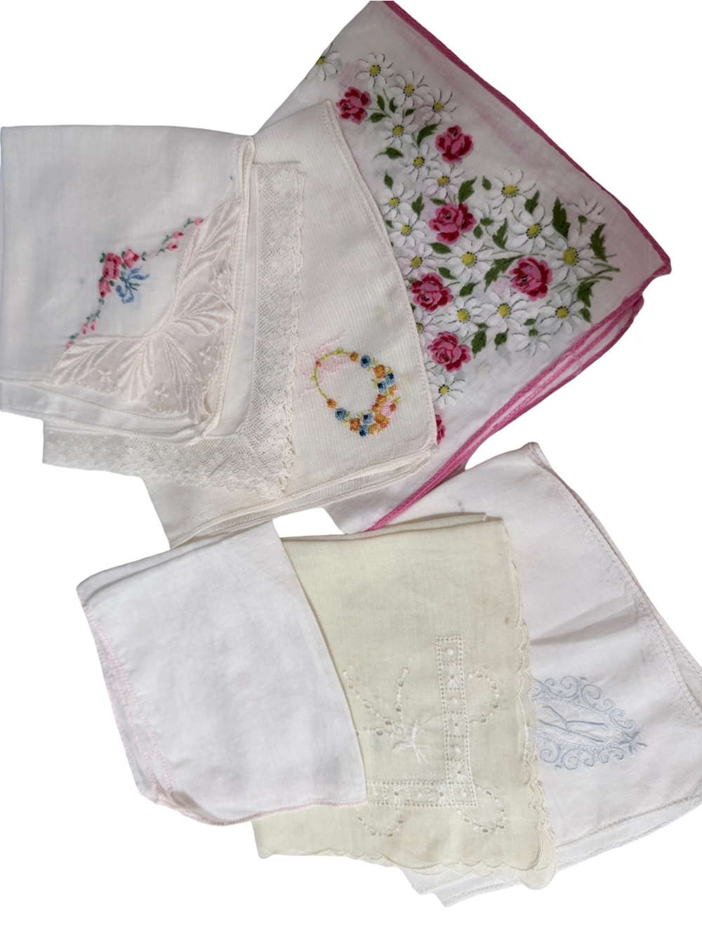 Vintage 40s-60s embroidered handkerchief lot of 7. Lace cutwork floral hankies